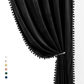 Treatmentex Pom-Pom Black Velvet Curtains for Living Room 63" Luxury Room Darkening Cotton Feel Soft Window Curtain Panels 2PC