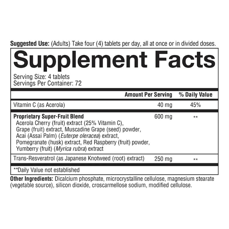 Resveratrol Con Acerola 290 Tabletas Antienvejecimiento