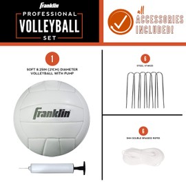 Franklin Sports Volleyball Net Professional Set - Includes Pro Style Volleyball with Pump, Adjustable Net, Stakes, Ropes - Beach or Backyard Volleyball - Easy Setup