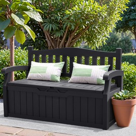 Greesum 80 Gallon Outdoor Storage Bench Deck Box with Armrest Bench,Lockable Shed, Waterproof and UV Resistant, Suitable for Garden, Pool, Patio, Deep Black