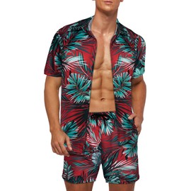 Wirltte Mens Hawaiian Shirt and Shorts Set Tropical Floral Print 2 Piece Outfits Red XXL
