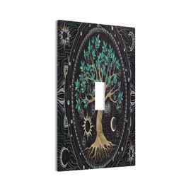 Tree of Life Blackground 1 Gang Light Switch Cover Decorative Hippie Sun Moon Star Single Toggle Wall Plate Switchcovers Electrical Switchplate Home Decor for Bathroom Living Room Bedroom Decorate