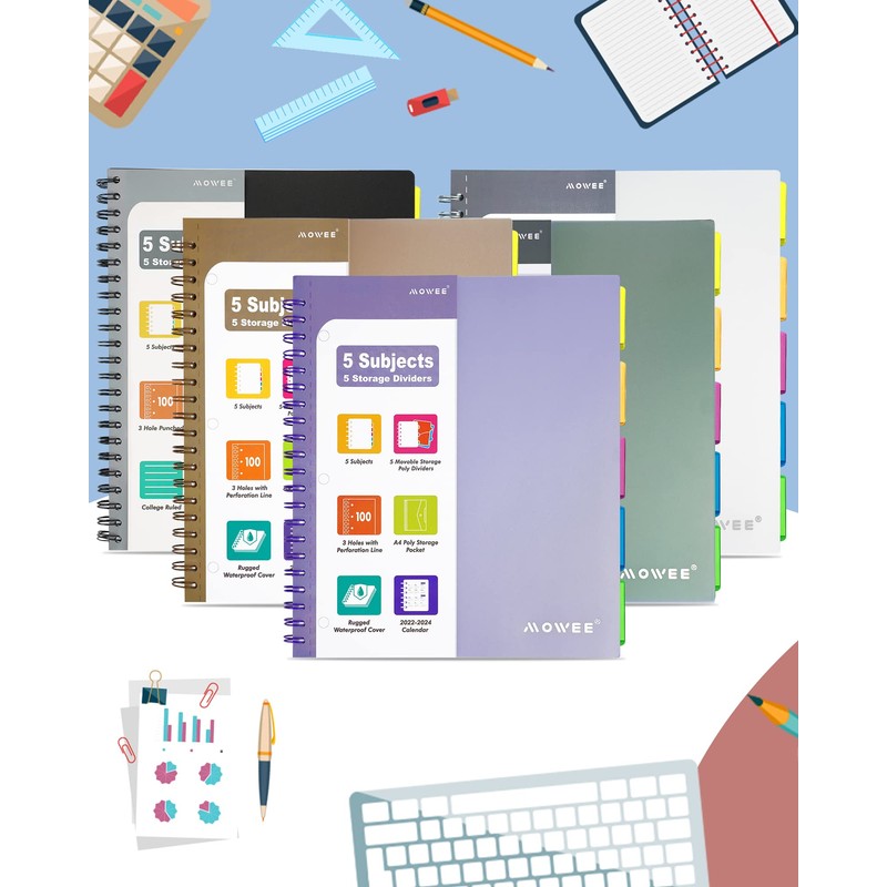 MOWEE 5 Subject Notebook - Spiral Notebook, College Ruled Notebook