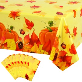 Queekay 8 Pcs Thanksgiving Tablecloth Fall Disposable Plastic Tablecloth 54" x 108" Harvest Party Decor Autumn Maple Leaf Pumpkin Berries Party Table Cover Rectangle Waterproof Decoration