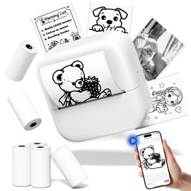 Mini Printer, Inkless Sticker Printer for School Office, Print Pods with 6 Rolls Paper, Bluetooth Portable Thermal Sticker Maker for School Notes, Scrapbook, Journal, Memo