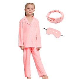 Girl Pajamas Set Long Sleeve Kids Button Down Sleepwear with Eye Mask, Hairband (Pink White Heart,130)