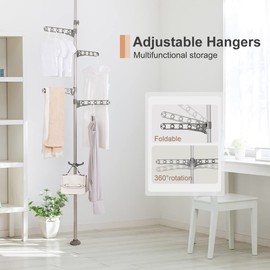 BAOYOUNI Adjustable Laundry Pole Corner Clothes Drying Rack Stand Floor to Ceiling Tension Shelf Metal Coat Tree Hanger Storage Organizer with 4 Arms & 1 Hook - Grey