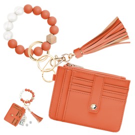 KNGITRYI Wallet Keychain Wristlet for Women,Slim RFID Credit Card Holder Purse Tassel Keychain Bangle Key Ring for Men Women (Coral)
