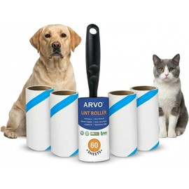 ARVO Lint Roller, 5 Pack 300 Sheets, 1 Handle, Pet Hair Remover for Clothes, Dog and Cat Hair, Fluff Remover, Sticky Lint Roller Refills, 60 Sheets per Roll