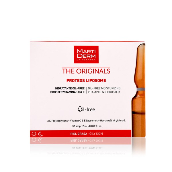 MartiDerm Proteos Liposome Ampoule for Women and Men with Proteoglycans, Vitamin E and C, for Oily Skin Deep Moisturizer and Firming, 30 Ampoules.