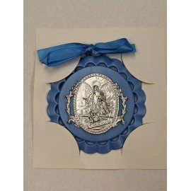Blue Guardian Angel Crib Medal Prayer in Box with Hanging Ribbon 3.5" diameter