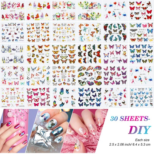 30 hojas de pegatinas de mariposa para decoración de uñas, de transferencia de agua, mariposa, flores y mariposas, pegatinas de manicura de colores