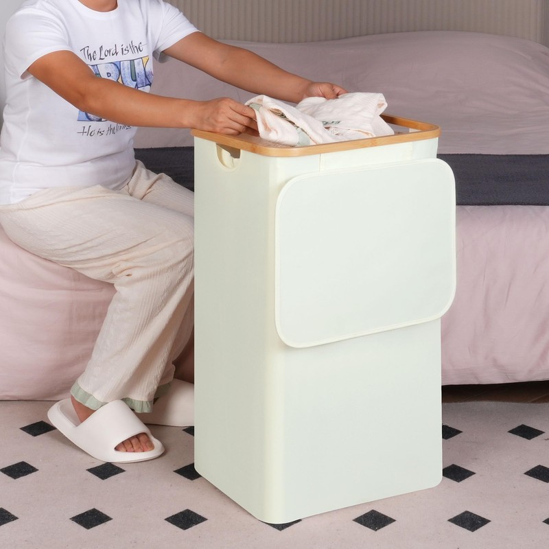 Laundry Hamper with Lid, 100L Tall Laundry Basket with Bamboo