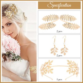 AstraGlam 5-Piece Greek Goddess Jewellery Set, Golden Leaf Headpiece, Boho Laurel Wreath Tiara, Pearl Earrings, Elegant Accessories for Women, Wedding, Party, Toga