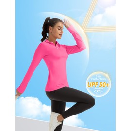FKEEP Women's Polo Shirts Long Sleeve UPF 50+ Sun Protection Tennis Golf Workout Tops Sport Zipper V Neck (Neon Pink, XS)
