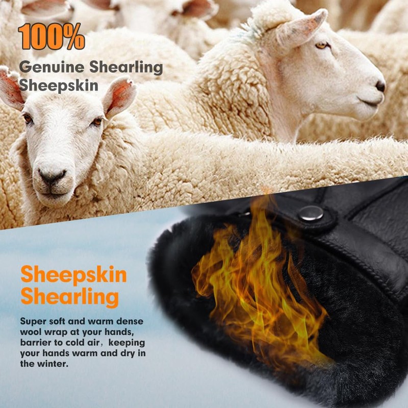Men Shearling Gloves Winter Leather Gloves Shearling Sheepskin Gloves with