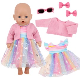 Pack of 5 Cute Doll Clothes for Baby Dolls, 14-18 Inch Baby Dolls Clothes with Pink Rainbow Tulle Skirt Pink Jacket Headband with Glasses and Bow, Doll Clothes 35-43 cm Outfit