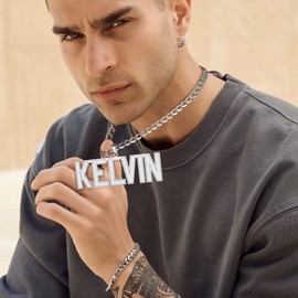 GOLDCHIC JEWELRY GOLDCHIC JEWELRY Women's Custom Name Necklace, Stainless Steel Large Nameplate Necklaces for Men Women