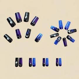 24 Pcs Black Purple Gradient Press on Nails Medium Square Shaped Fake Nails Starlit Sky Star Moon Designs False Nails Glitter Acrylic Nails Full Cover Stick on Nails for Women Nail Decorations