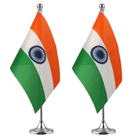 WXTWK 2 Pack India Flag Indian Desk Flag Small Mini Indian Table Flags With Stand Base,Home Office Festival Events Celebration Decorations