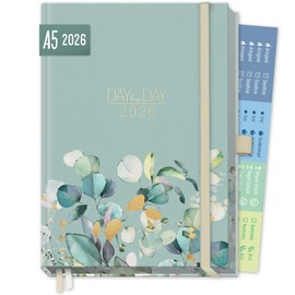 Häfft® Organizer Day by Day Deluxe 2026 A5 Tagesplaner Kalender mit 1 Tag pro Seite "Minty Leaves" Buchkalender 2026, Terminplaner - nachhaltig & klimafreundlich