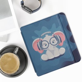 kwmobile Flip Case Compatible with Kobo Libra 2 Case - eReader Case - Cute Elephant Light Blue Dark Blue Grey