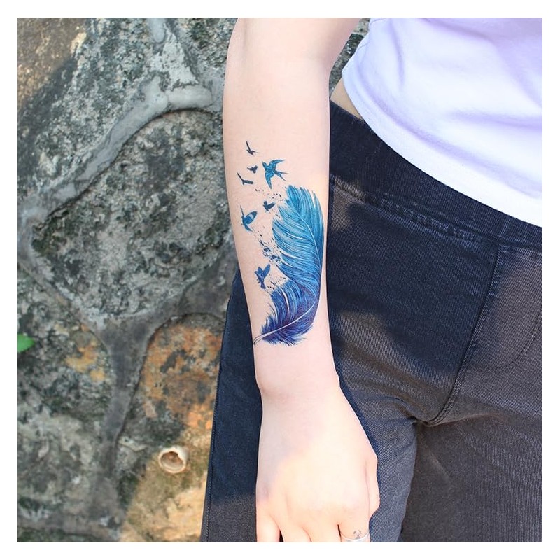 Oottati 6 Sheets Temporary Tattoo Stickers Colorful Blue Feather Dream