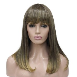 Lydell 14" Long Straight Wig Soft Heat Fiber Hair Cute Neat Bang Under Shoulder Full Wig (6T24B)
