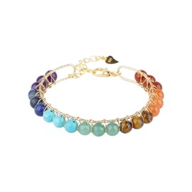 ASGIFT 7 Chakra Bracelet Adjustable 14K Gold Wire Wrapped Gemstone Beads Bracelet Natural Crystal Stone Yoga Meditation Bracelets Jewelry Gift for Women