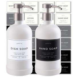 Hand and Dish Soap Dispenser for Kitchen and Bathroom, Set of 2 16 Oz Glass Bottles, Stainless Steel Pumps, Non-Slip Silicone Base, 27 Waterproof Labels (Matte White Bottle/Brushed Silver Pump)
