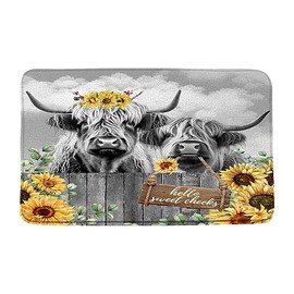 Funny Highland Cow Bath Mat Rustic Sunflower Cute Cattle Bull Farm Western Animal Farmhouse Country Floral Bathroom Microfiber Memory Foam Bathroom Rug Doormat Kitchen Toilet Floor Rug