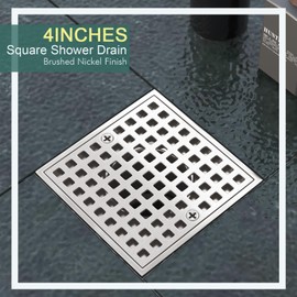Yaseingoo 4 Inch Shower Floor Drain with Flange - Square Shower Drain with Hair Strainer - Removable Grid Strainer Cover - SUS304 Stainless Steel & CUPC Certified - Brushed Nickel