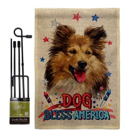 Patriotic Shetland Sheepdog Burlap Garden Flag Set with Stand Animals Dog Puppy Spoiled Paw Canine Fur Pet Nature Farm Animal Creature Small Gift Yard House Banner Double-Sided Made In USA 13 X 18.5