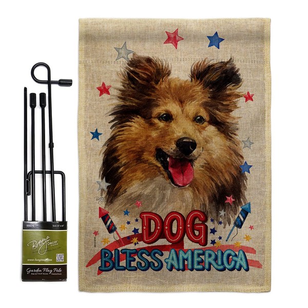 Patriotic Shetland Sheepdog Burlap Garden Flag Set with Stand Animals