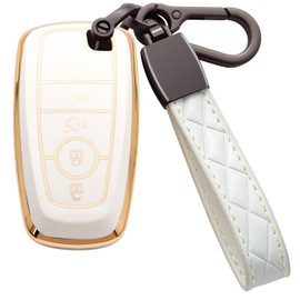 Syodiesn for Ford Key Fob Cover Soft TPU with Leather Keychain Keyless Protection Key Fob Case Fit for 2018-2025 Ford Explorer Bronco F150 Mustang Ranger Escape Edge Expedition Fusion 4 Buttons, White