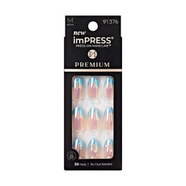 KISS imPRESS No Glue Mani Press On Nails, Premium, 'Best Life', Blue, Medium Size, Almond Shape, Includes 30 Nails, Prep Pad, Instructions Sheet, 1 Manicure Stick, 1 Mini File