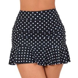 Halcurt Women's High Waisted Ruched Ruffle Swim Skirts with Short Tummy Control Bikini Bottoms Swimsuit Black Polka Dot M