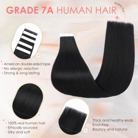 Elailite Real Hair Extensions Tape Knitting Hair #1 Black Pack of 10 Invisible Glue Hair Extensions Straight 25 g 40 cm