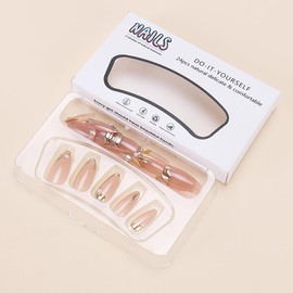 24 Pcs Gold French Tip Press on Nails Medium Almond Stripe Fake Nails with Rhinestones Pearl Designs Glossy False Nails Stick on Nails Full Cover Acrylic Nails for Women Girl Manicure Decor