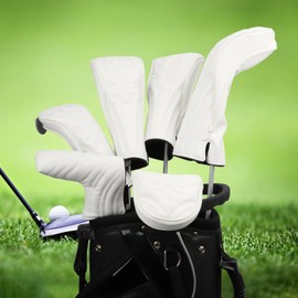 Golf Club Head Covers - 4pcs PU Leather Stars Golf Headcovers for Woods and Driver Fairway Hybrid Golf Clubs with Interchangeable Tags - White
