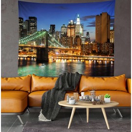 Loccor New York City Tapestry 90" x 70" Brooklyn Bridge Manhattan Night Skyline Hudson River Wall Tapestry NYC Urban Skyscraper Wall Hanging American Wall Art for Bedroom Living Room Dorm Home Decor