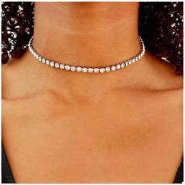 Yienate Silver Crystal Tennis Necklace Choker Sparking Rhinestone Choker Necklaces Pave Crystal Cubic Zirconia Bridal Wedding Necklace Jewelry for Women and Girls