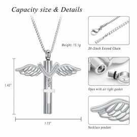 XSMZB Wings Cylinder Cremation Jewelry for Ashes Pendant Cross Urn Necklace for Ashes for Men Women Keepsake Locket Jewelry(Silver)