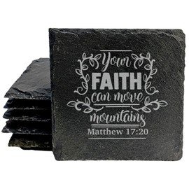 Faith and Hope: Laser Etched Faith Can Move Mountains: Inspirational Coasters with Bible Verse - Matthew 17:20 Coasters - Square Slate - set of 4