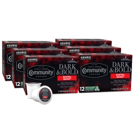 Community Coffee Dark & Bold Exxtra Boost 72 Count Coffee Pods, Compatible with Keurig 2.0 K-Cup Brewers, 12 Count (Pack of 6)