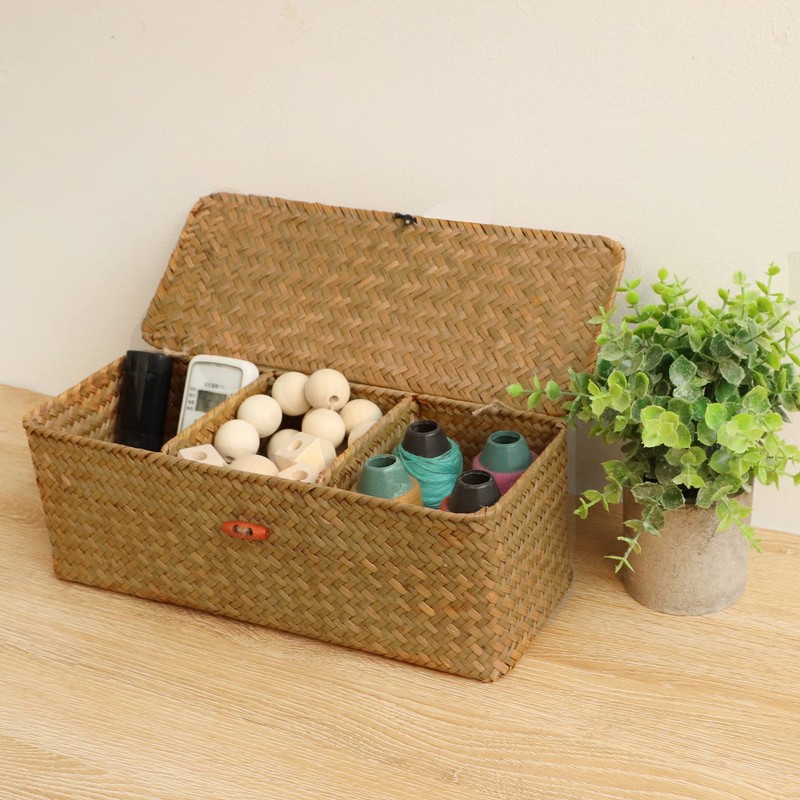 FEILANDUO 3-Section Seagrass Storage Basket with Lid Hand Woven Small