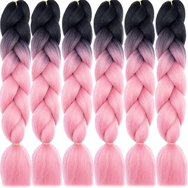 LDMY Braiding Hair - 6pcs/pack 24 Inch Ombre Black to Pink Braids Extensions Synthetic Hair Women 100 g/pc