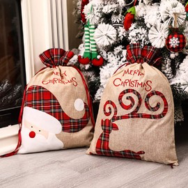 Yordearly 2Pcs Santa Sack Bags, Large Christmas Cloth Bag with Drawstring, 16" X 22" Inch Reusable Xmas Present Storage Bag