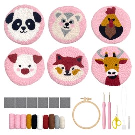 Punch Needle Kit for Adults Beginners, 6-Piece Cute Animal Punch Coaster Starter Kit – Easy Embroidery Stitch Craft Set with Instructions – Fun Needle Point Tufting for Table Decor & Festival Gifts