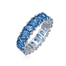 Art Deco Style AAA CZ Emerald Cut Blue Simulated Sapphire Cubic Zirconia Eternity Baguette Anniversary Wedding Band Ring For Women .925 Sterling Silver 4MM